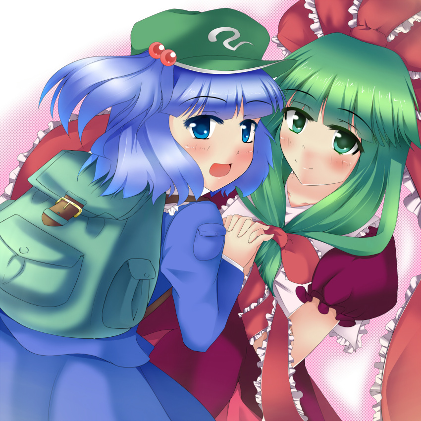 2girls, backpack, bag, blue_hair, blush, bow, checkered, checkered_background