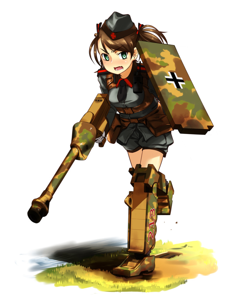 1girl, brown_hair, footprints, garrison_cap, green_eyes, haikeb89, hair_ribbon, hat