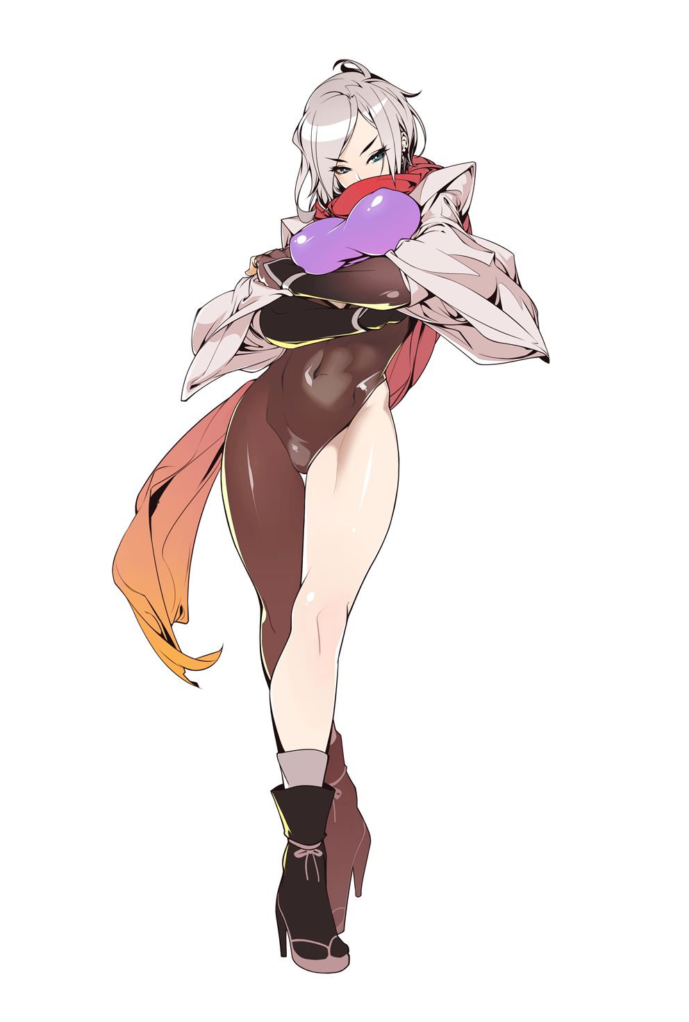 1girl, asymmetrical_clothes, asymmetrical_legwear, blue_eyes, bodysuit, breasts, clothed_navel, crossed_arms