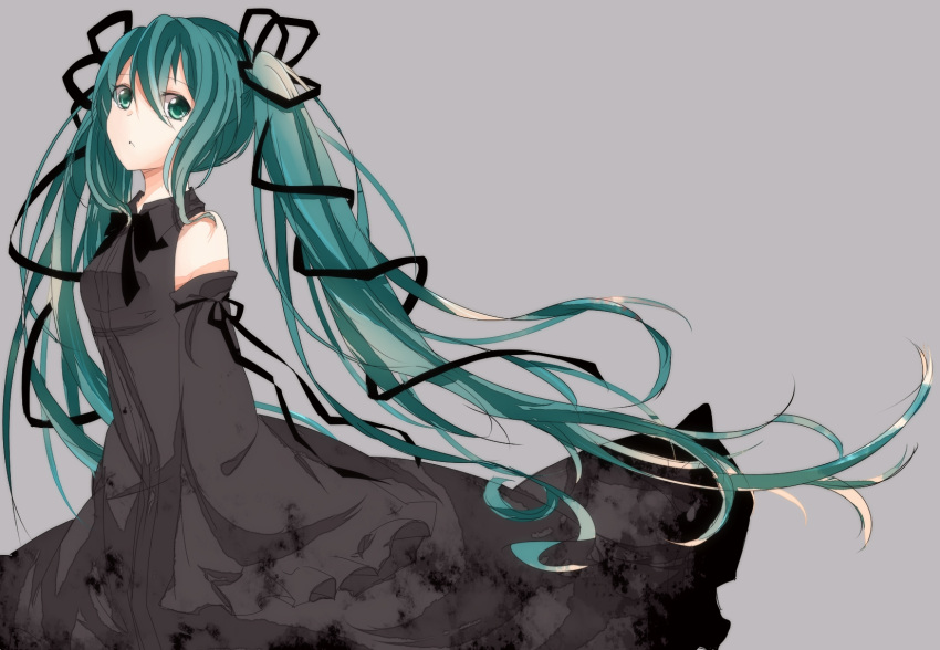 1girl, detached_sleeves, dress, green_eyes, green_hair, hair_ribbon, hatsune_miku, highres
