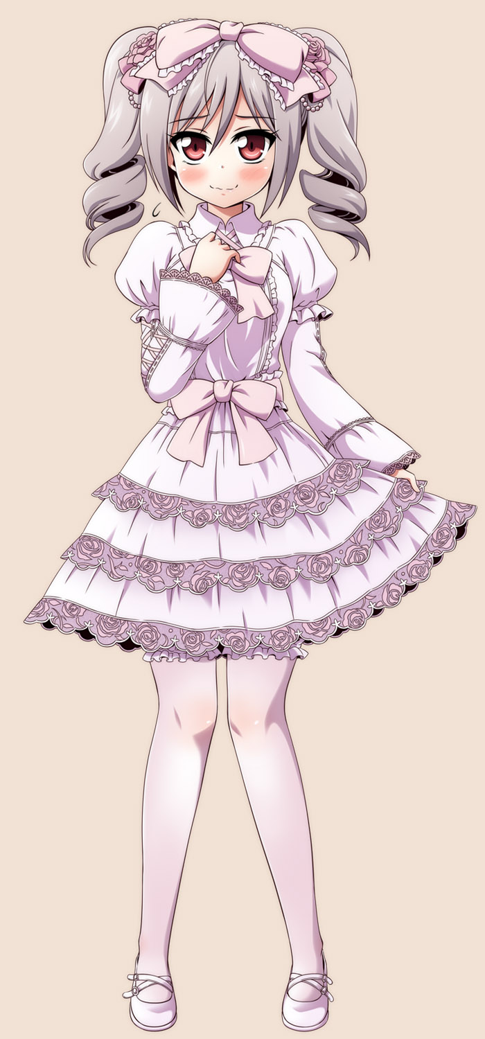 1girl, blush, bow, drill_hair, flower, frills, hair_bow, highres, idolmaster, idolmaster_cinderella_girls, kanzaki_ranko, leggings, lolita_fashion, long_sleeves, pink_background, pink_rose, puffy_sleeves, red_eyes, rose, short_hair, silver_hair, smile, solo, standing, twintails, uraichishi, wavy_mouth, wide_sleeves