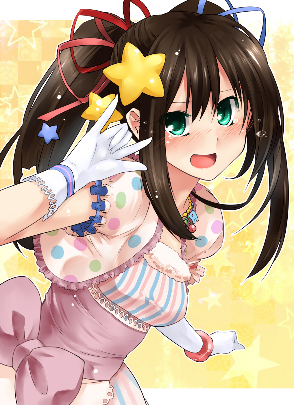 1girl, \m/, alternate_hairstyle, blush, bracelet, brown_hair, gloves, green_eyes