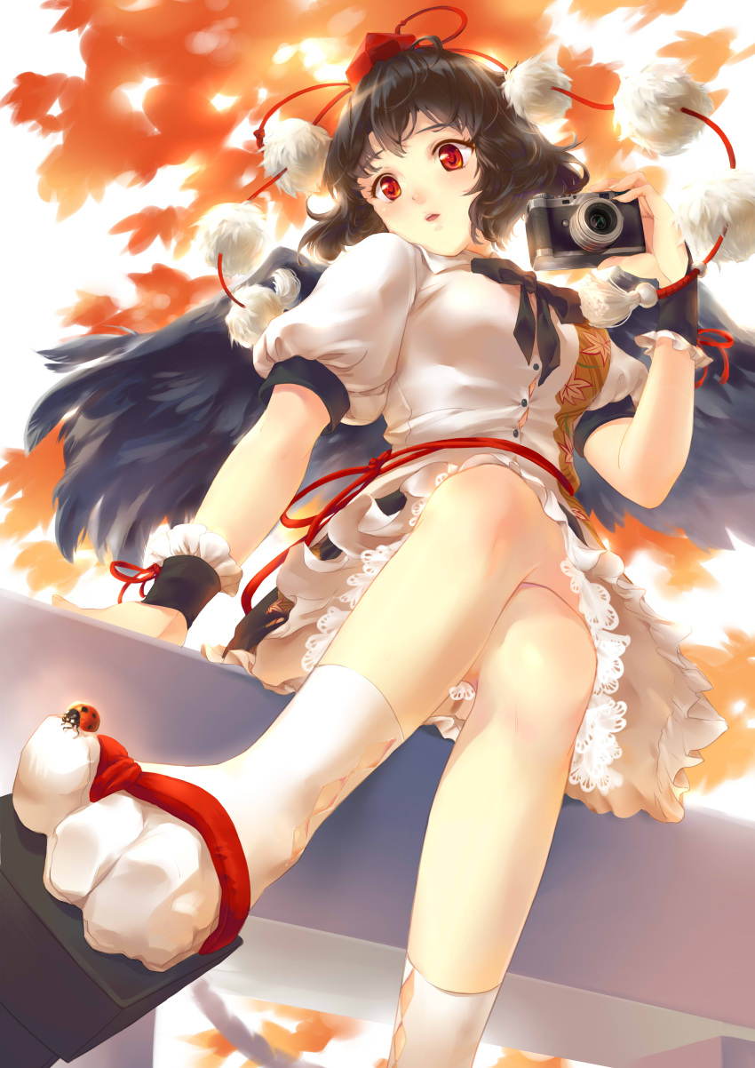 1girl, :o, absurdres, autumn, black_hair, breasts, camera, crossed_legs