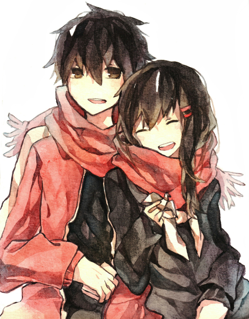 1boy, 1girl, ayano_(kagerou_project), black_hair, brown_hair, closed_eyes, couple, good_end, hair_ornament, hairclip, hetero, highres, kagerou_project, kisaragi_shintarou, long_hair, scarf, school_uniform, serafuku, short_hair, smile, xi_yuu