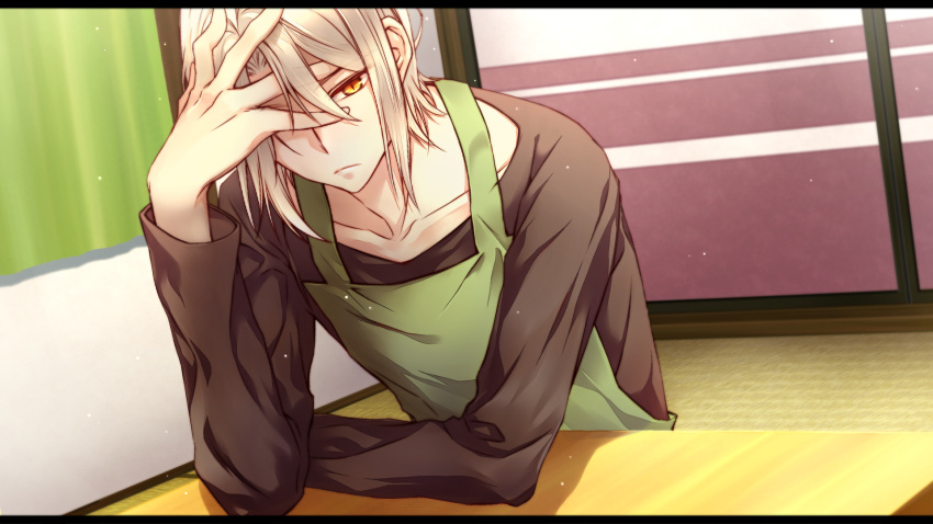 1boy, apron, ashiya_shirou, blonde_hair, hataraku_maou-sama!, highres, short_hair, winglayer, yellow_eyes