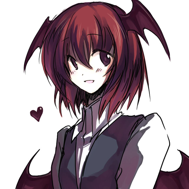 alternate_hairstyle, bat_wings, blush, head_wings, headwings, heart, koakuma, long_neck, onimaru_gonpei, open_mouth, red_eyes, red_hair, redhead, short_hair, smile, touhou, wings