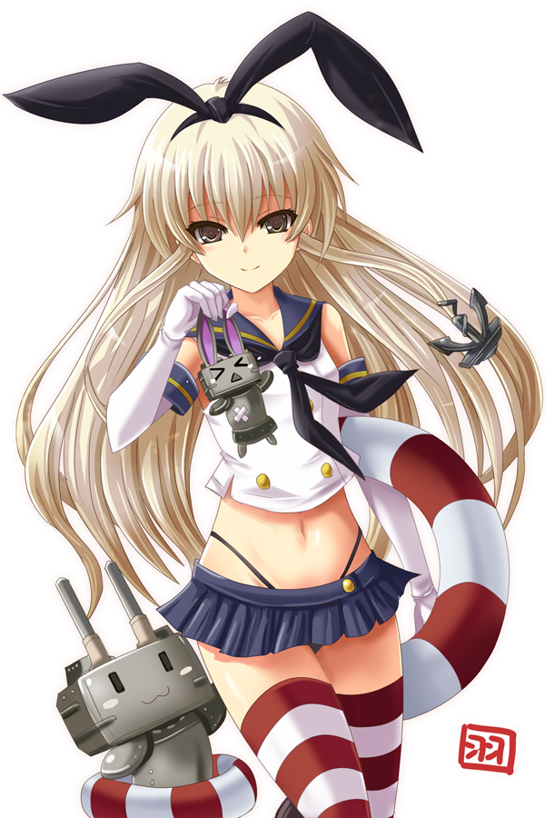1girl, blonde_hair, brown_eyes, hairband, haura_akitoshi, kantai_collection, long_hair, looking_at_viewer, midriff, navel, personification, shimakaze_(kantai_collection), simple_background, smile, solo, striped, striped_legwear, thigh-highs, white_background