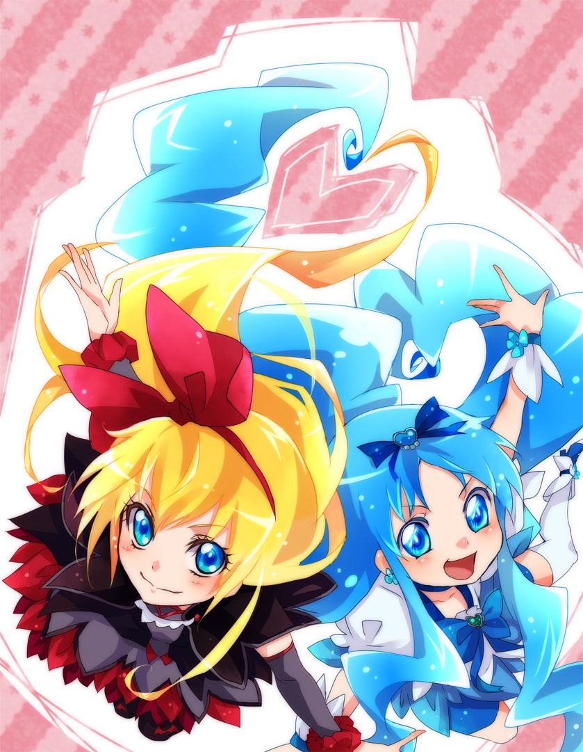 2girls, bike_shorts, blonde_hair, blue_eyes, blue_hair, bow, brooch, choker, cure_marine, dokidoki!_precure, hair_bow, hair_ornament, hairpin, heart, heartcatch_precure!, jewelry, kamabo_ko, kurumi_erika, long_hair, magical_girl, multiple_girls, pink_background, precure, regina_(dokidoki!_precure), ribbon, shoes, shorts_under_skirt, skirt, smile, thigh-highs, white_legwear, wrist_cuffs