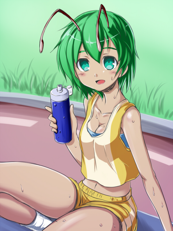 1girl, antenna_hair, bare_shoulders, blush, bottle, breasts, cleavage, green_eyes