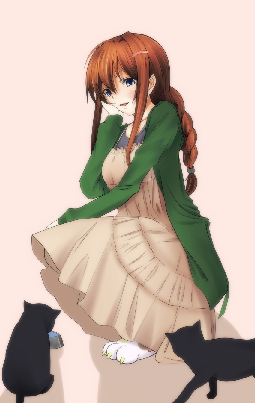 1girl, apron, black_cat, blue_eyes, braid, brown_hair, cat, colored