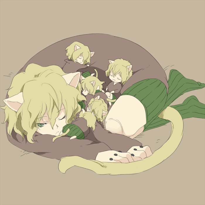 animal_ears, brown_hair, cat_ears, curly_hair, family, green_eyes, hunter_x_hunter, if_they_mated, izatama, nefelpitou, short_hair, sleeping, tail, wink