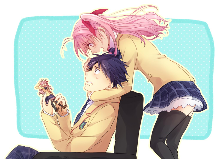 1girl, antenna_hair, black_legwear, bowtie, chaos;head, doll, emblem, hair_ribbon