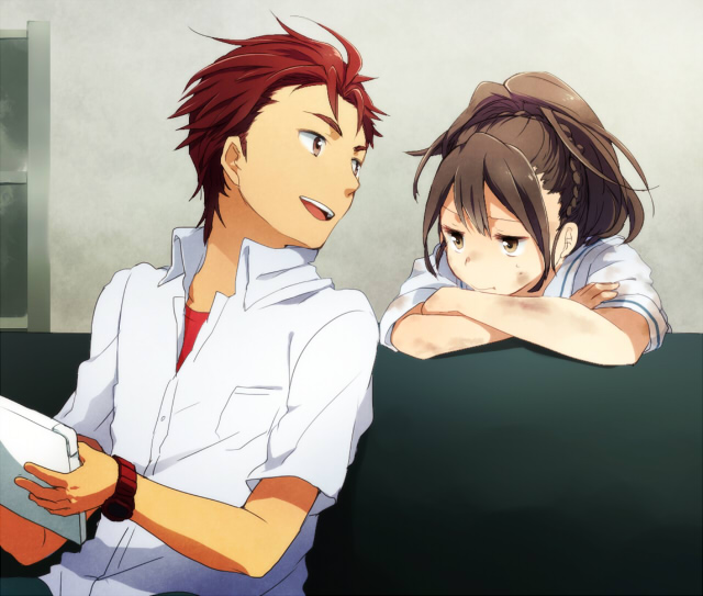 1boy, 1girl, brown_eyes, brown_hair, couch, dirty_face, dress_shirt, na770, ponytail, robotics;notes, school_uniform, senomiya_akiho, shirt, short_hair, sitting, smile, tablet_pc, watch, white_shirt, yashio_kaito