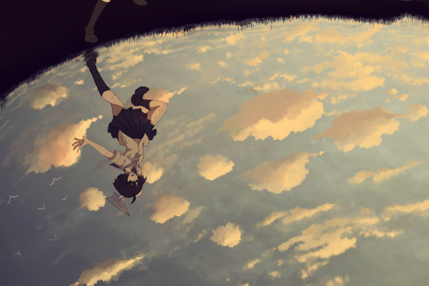 1girl, ahoge, aya_(star), bird, brown_eyes, brown_hair, clouds, original