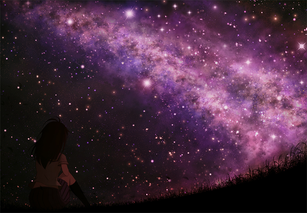 1girl, aya_(star), black_hair, dark, grass, long_hair, milky_way, night