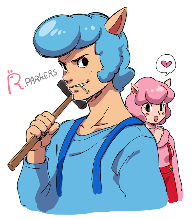 1boy, 1girl, :d, animal_crossing, animal_ears, apron, blue_hair, blush_stickers