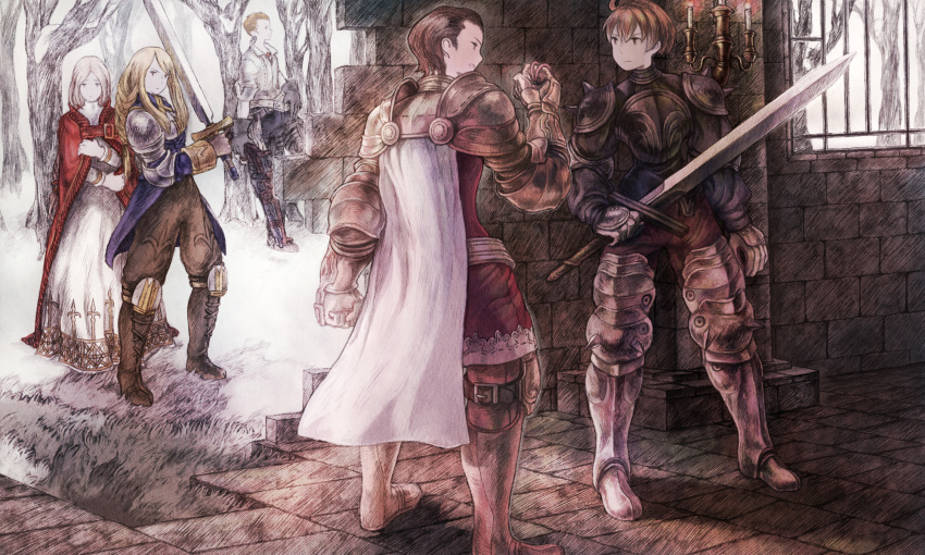 2girls, 3boys, agrias_oaks, armor, balflear, belt, blonde_hair, boots