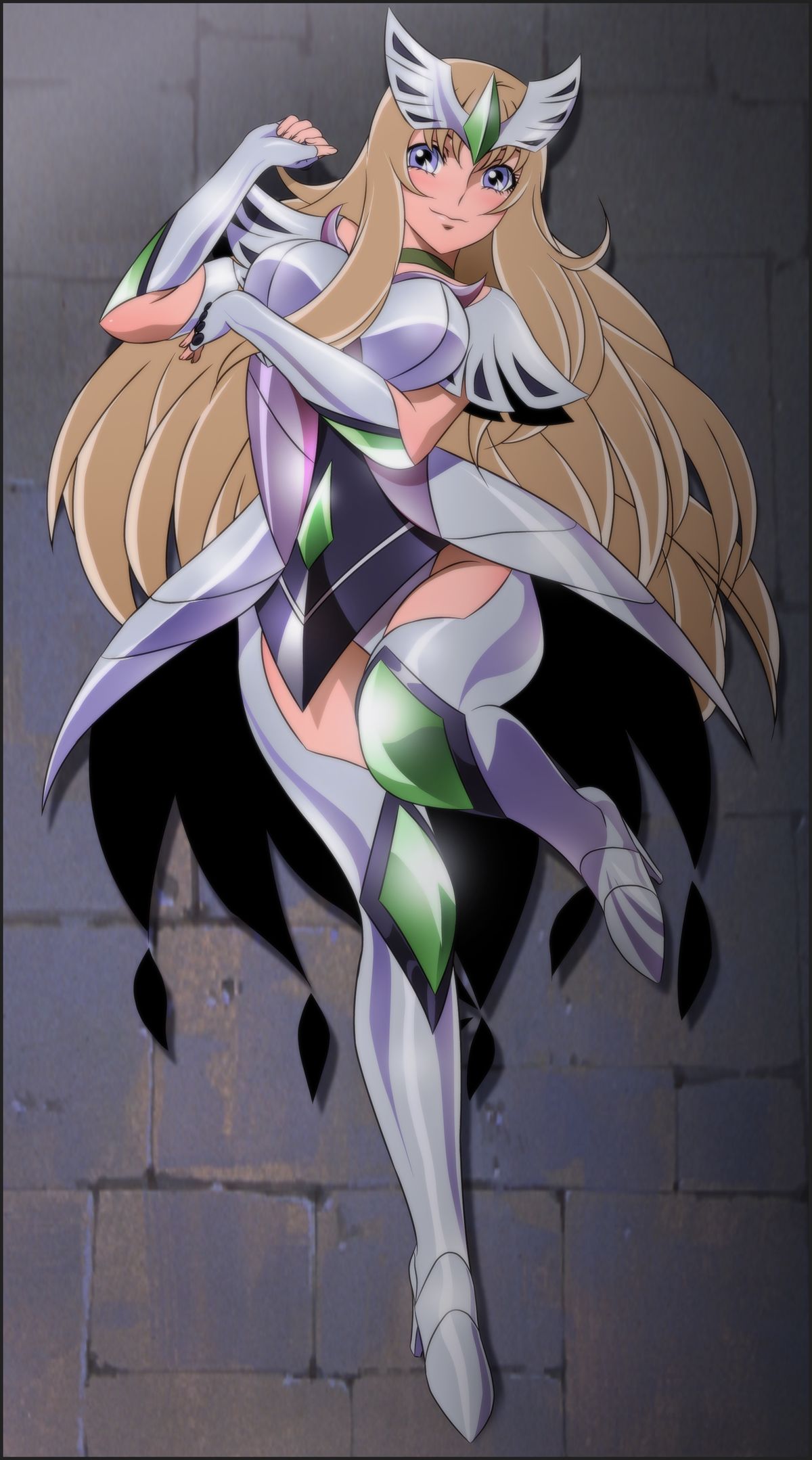 1girl, aquila_yuna, armor, boots, breasts, brown_hair, choker, cosplay, female, gauntlets, gloves, high_heels, highres, leotard, long_hair, lying, on_back, pauldrons, peacock_pavlin, peacock_pavlin_(cosplay), saint_seiya, saint_seiya_omega, shoes, shoulder_pads, smile, solo, tiara, violet_eyes, yadokari_genpachirou