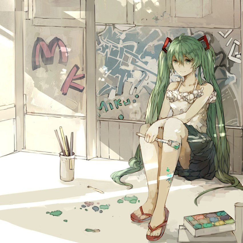 1girl, character_name, green_eyes, green_hair, hatsune_miku, highres, long_hair, paint