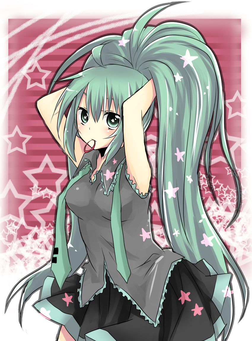 1girl, adjusting_hair, alternate_hairstyle, aqua_eyes, aqua_hair, blush, hair_tie, hairdressing