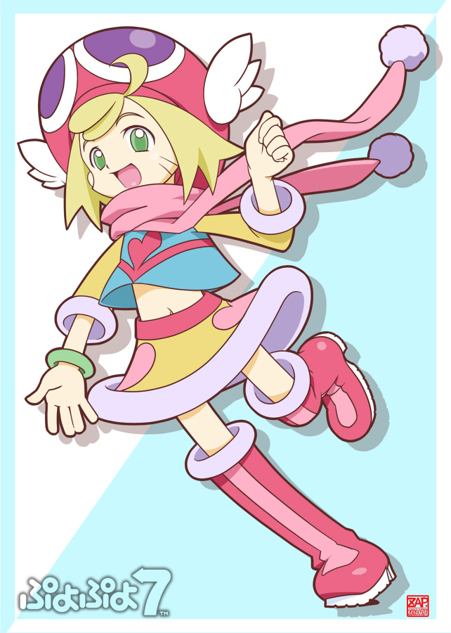 1girl, :d, amitie, amitie_(puyopuyo), blonde_hair, boots, bracelet, copyright_name, dress, green_eyes, hat, jewelry, mega_amitie, open_mouth, pom_pom_(clothes), puyopuyo, puyopuyo_7, puyopuyo_fever, running, scarf, shirt, short_hair, skirt, smile, solo, standing_on_one_leg, yellow_dress, zap