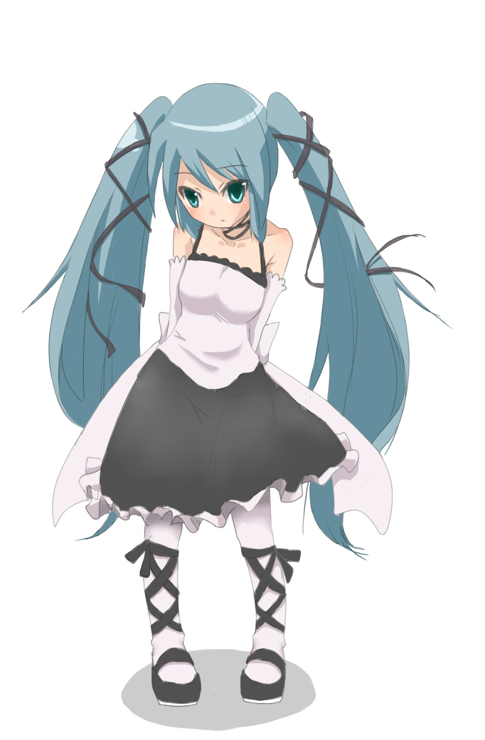 aqua_eyes, aqua_hair, bare_shoulders, blush, choker, dlin_(kenpika), dress, elbow_gloves