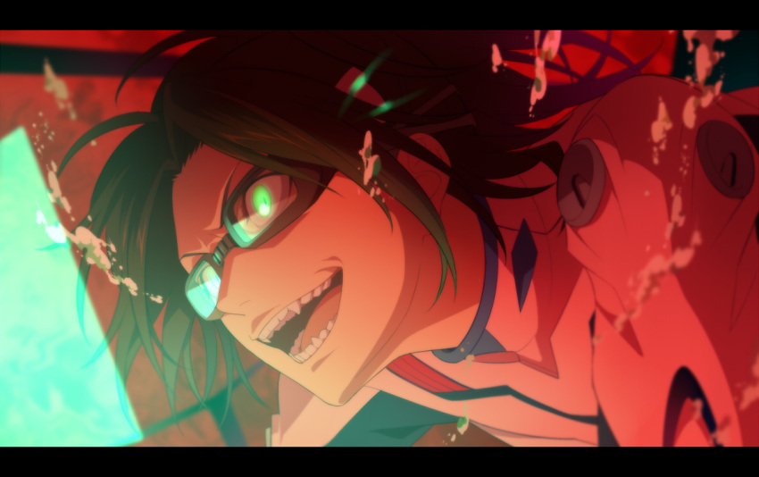 1girl, brown_hair, bubble, cosplay, fangs, glasses, glowing, glowing_eyes