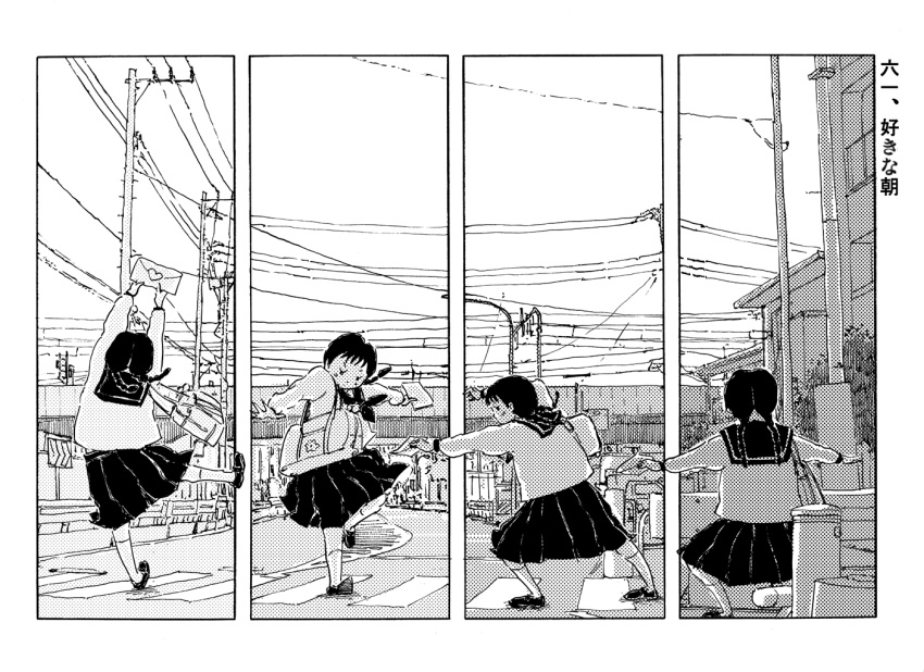 1girl, bag, blush, dancing, flower, heart, kneehighs, letter, love_letter, matsuda_matsuo, monochrome, overpass, power_lines, road, school_bag, school_uniform, serafuku, short_twintails, skirt, telephone_pole, twintails