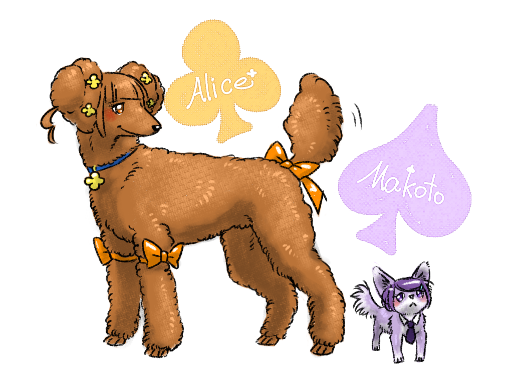 animalization, brown_hair, character_name, club, denmoko, dog, dokidoki!_precure, heart, kenzaki_makoto, no_humans, orange_hair, precure, purple_hair, ribbon, simple_background, size_difference, spade, standing, weapon, white_background, yotsuba_alice