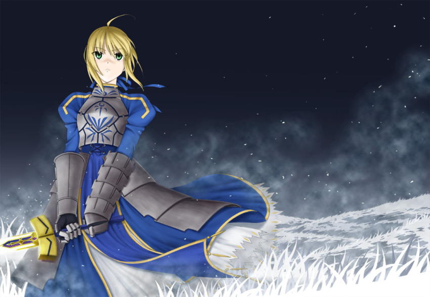 1girl, ahoge, amahara_hiroaki, armor, armored_dress, blonde_hair, excalibur, fate/stay_night