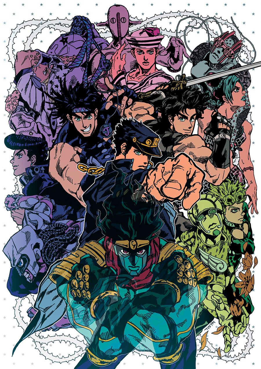 1girl, 6+boys, bola_(weapon), crazy_diamond, giorno_giovanna, gold_experience, hat, hermit_purple, higashikata_jousuke, higashikata_jousuke_(jojolion), highres, hirose_yasuho, johnny_joestar, jojo_no_kimyou_na_bouken, jojolion, jonathan_joestar, joseph_joestar_(young), kuujou_jolyne, kuujou_joutarou, multiple_boys, petals, pmushroom, ribbon, soft_&amp;_wet, stand_(jojo), star_platinum, star_print, steel_ball_run, stone_free, string, sword, tusk_(stand), weapon