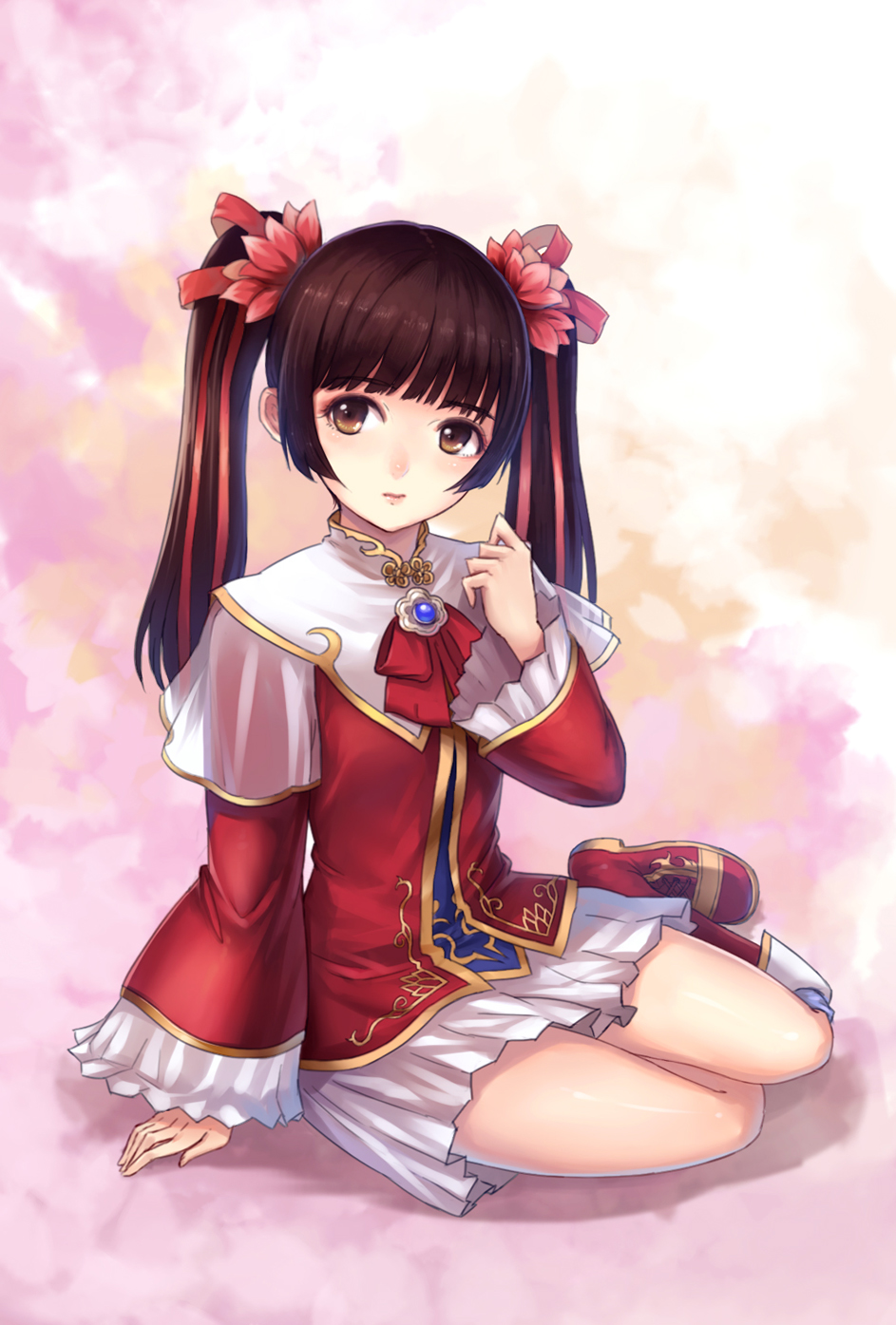 1girl, black_hair, brown_eyes, brown_hair, da_qiao, hair_ribbon, highres, jun_(goodgun7)