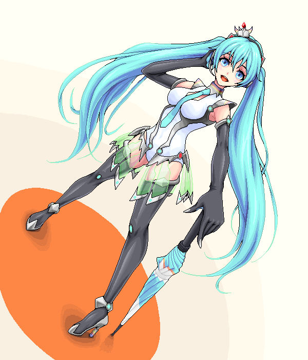 1girl, aqua_hair, blue_eyes, detached_sleeves, elbow_gloves, gloves, hatsune_miku, high_heels