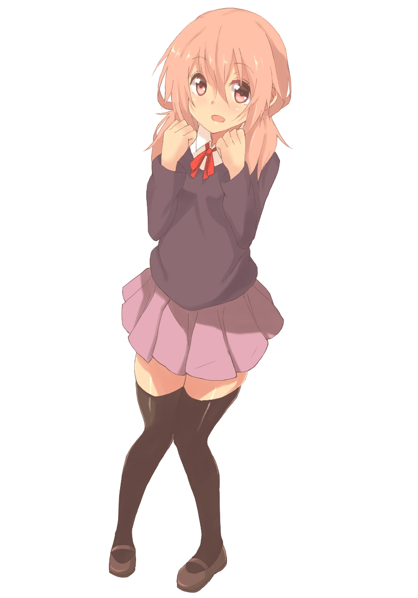 1girl, black_legwear, clenched_hand, highres, knees_together_feet_apart, looking_at_viewer, open_mouth, owafu