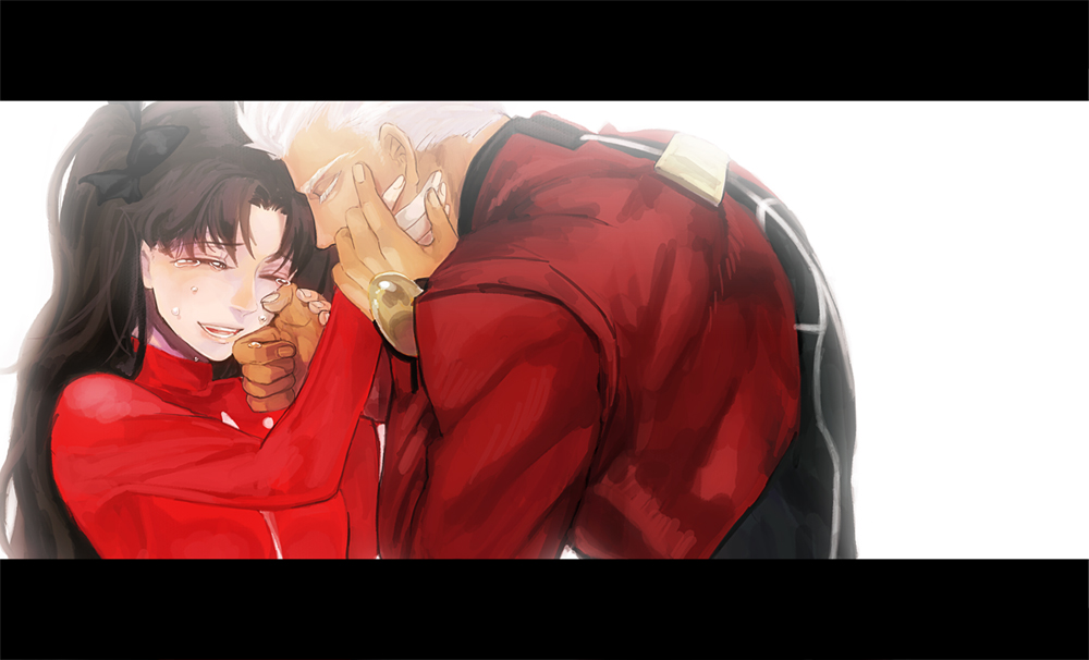 1boy, 1girl, archer, awa_suna, brown_hair, fate/stay_night, fate_(series), hair_ribbon