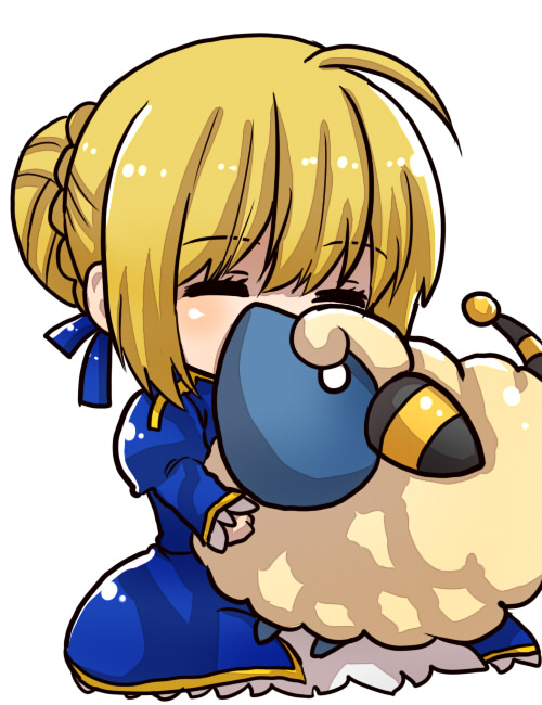 1girl, ahoge, blonde_hair, chibi, crossover, dress, fate/zero, fate_(series)