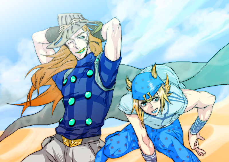 2boys, beanie, blonde_hair, blue_eyes, brown_hair, cape, dasumidara, gyro_zeppeli