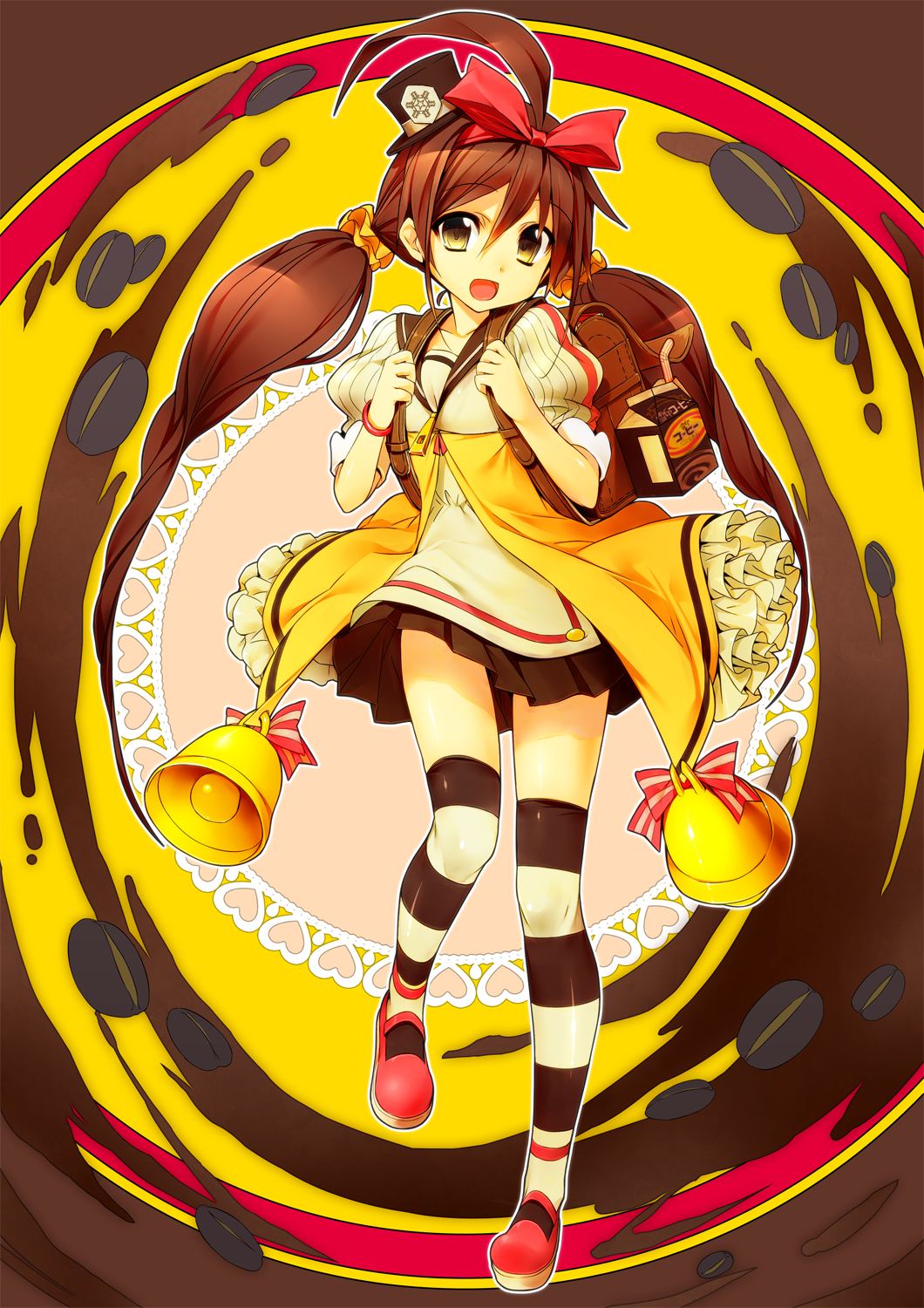 1girl, :d, bell, brown_eyes, brown_hair, carton, coffee, coffee_beans