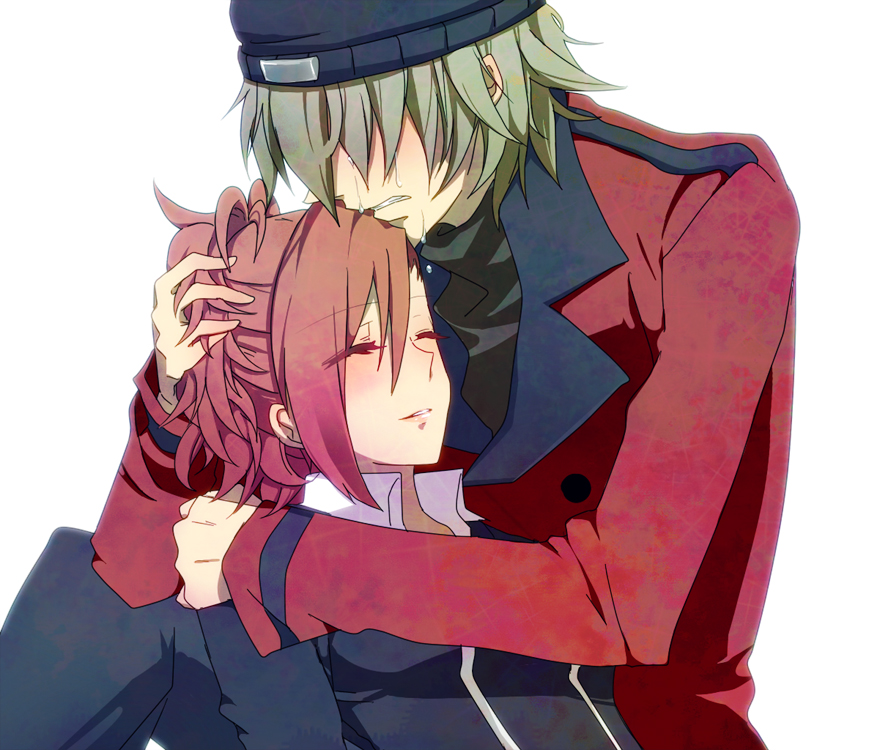 1girl, aragaki_shinjirou, beanie, blush, closed_eyes, couple, female_protagonist_(persona_3), hat, holding, megota, persona, persona_3, persona_3_portable, red_hair, redhead, smile, tears