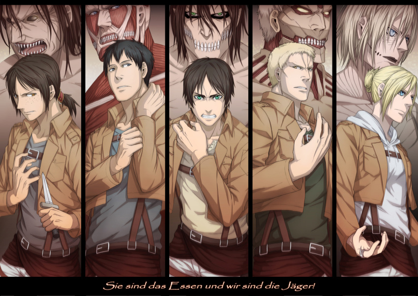2girls, 3boys, annie_leonhardt, armored_titan, belt, bertholt_fubar, black_hair, blonde_hair
