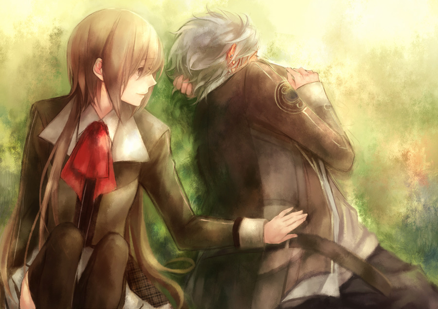 1girl, black_legwear, black_thighhighs, brown_eyes, brown_hair, closed_eyes, couple, earrings