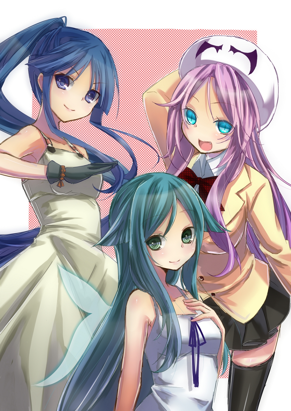 3girls, :d, aqua_eyes, black_legwear, blazer, blue_eyes, blue_hair, blush