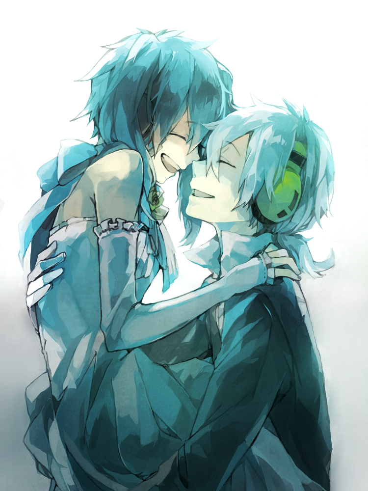1boy, 1girl, carrying, closed_eyes, couple, dress, ene_(kagerou_project), green_hair, happy, haruu_shun, headphones, hetero, kagerou_project, konoha_(kagerou_project), long_hair, ponytail, smile, twintails