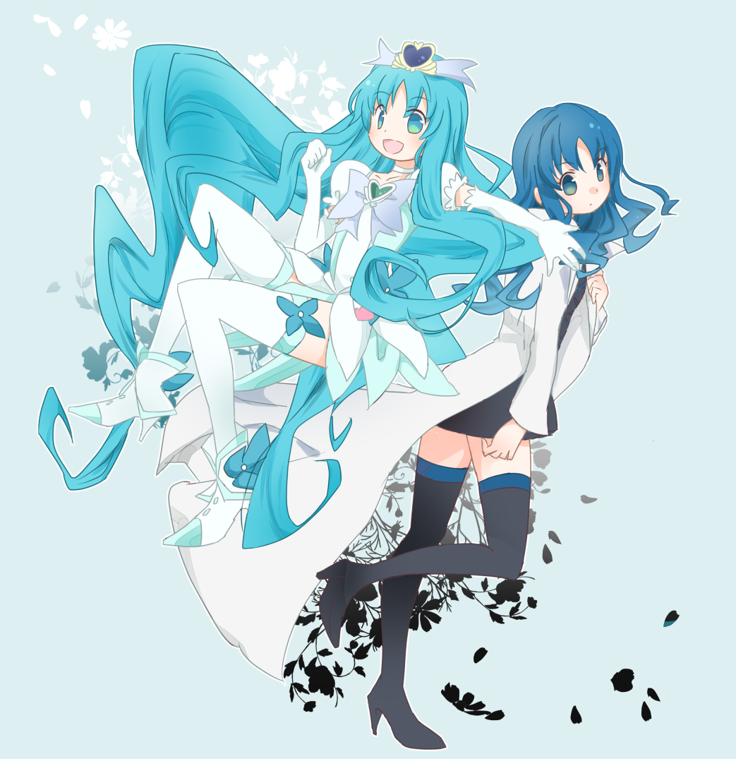 2girls, black_legwear, blue_eyes, blue_hair, boots, coat, cure_marine, dark_persona, dress, dual_persona, hair_ornament, heart, heartcatch_precure!, kurumi_erika, long_hair, magical_girl, mirage_precure, multiple_girls, open_mouth, precure, ribbon, smile, super_silhouette_(heartcatch_precure!), teruru100, thigh-highs, thigh_boots, white_legwear, wrist_cuffs