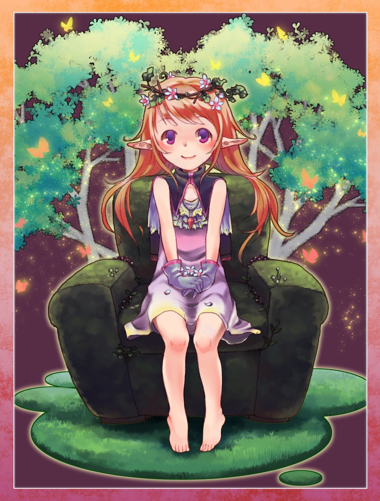 1girl, barefoot, blush, couch, dress, gloves, head_wreath, kiitos