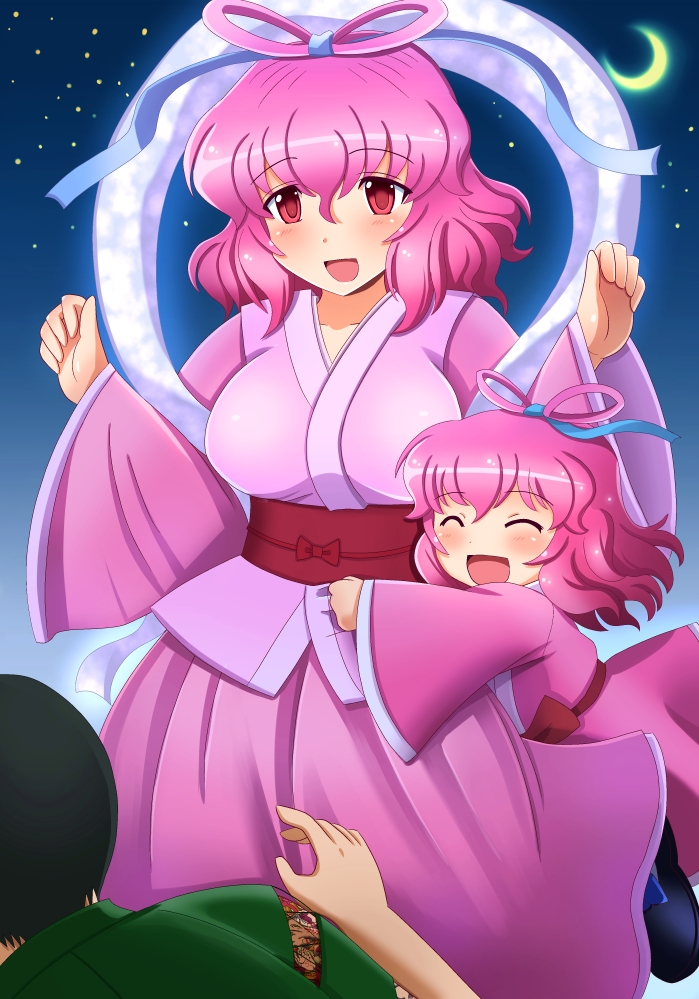 1boy, 2girls, alternate_costume, alternate_hairstyle, artist_self-insert, back, black_hair, breasts