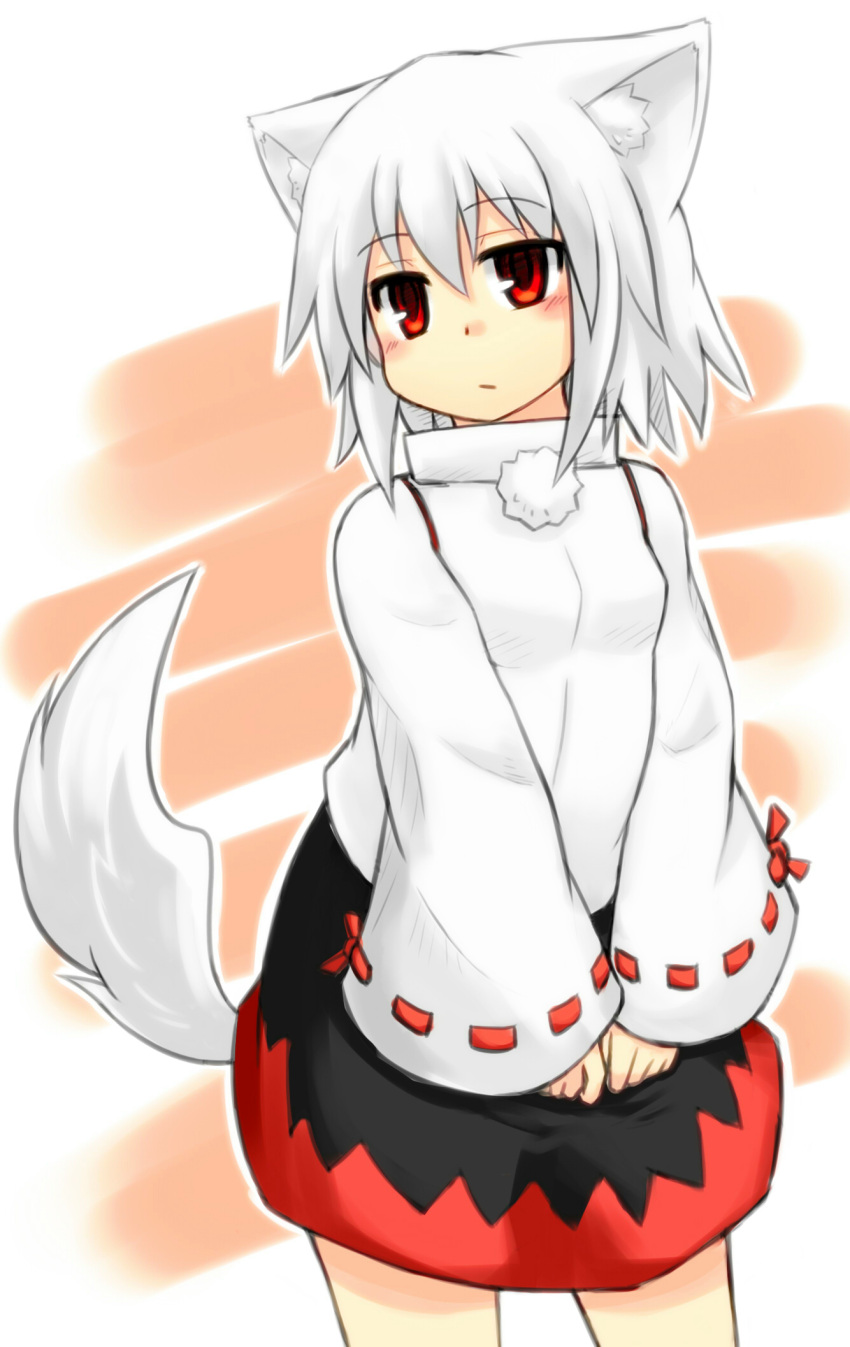 1girl, animal_ears, highres, inubashiri_momiji, long_sleeves, no_hat, no_headwear, red_eyes, s_katsuo, shirt, silver_hair, skirt, solo, tail, touhou, wide_sleeves, wolf_ears, wolf_tail