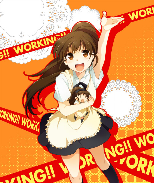 1girl, apron, black_legwear, brown_eyes, brown_hair, copyright_name, doll, holding