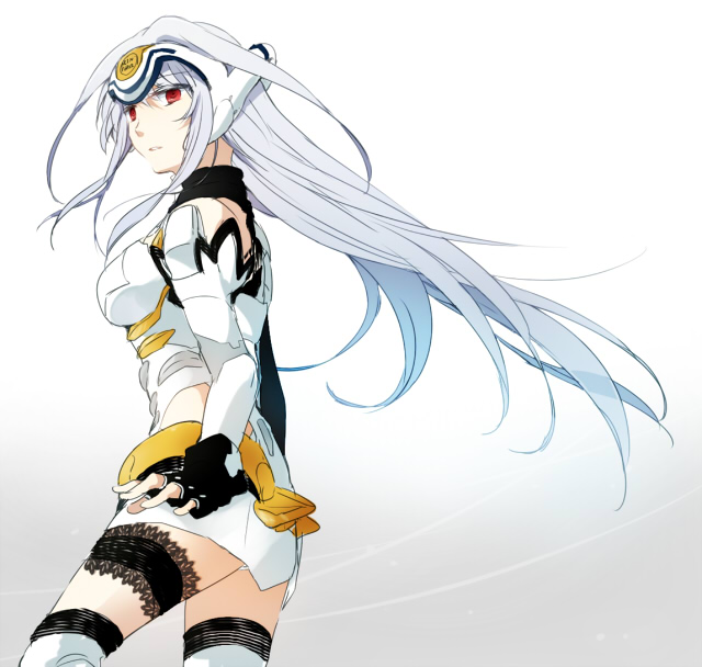 1girl, android, blue_hair, cosplay, fingerless_gloves, garters, gloves, kos-mos
