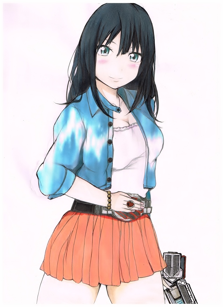 1girl, belt, black_hair, blouse, bracelet, breasts, cleavage, female